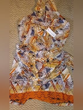 Abstract Print Halter Mini Dress in Orange and Cream
